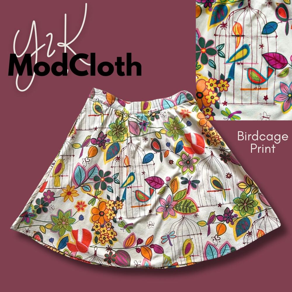 Vintage Y2k ModCloth Retrolicious BirdCage A-Line Skirt Rockabilly Summer PinUp